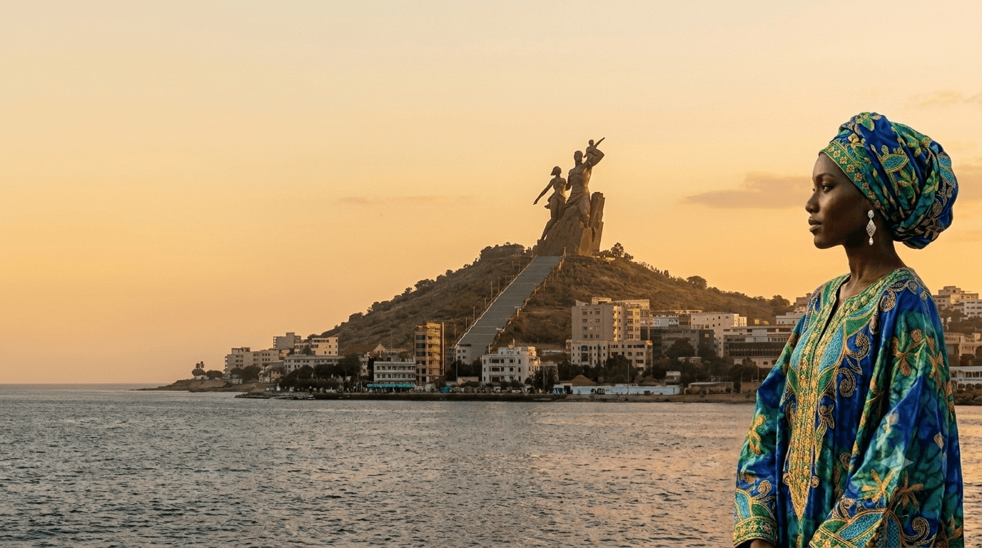 Woman overlooking Dakar and the African Renaissance Monument